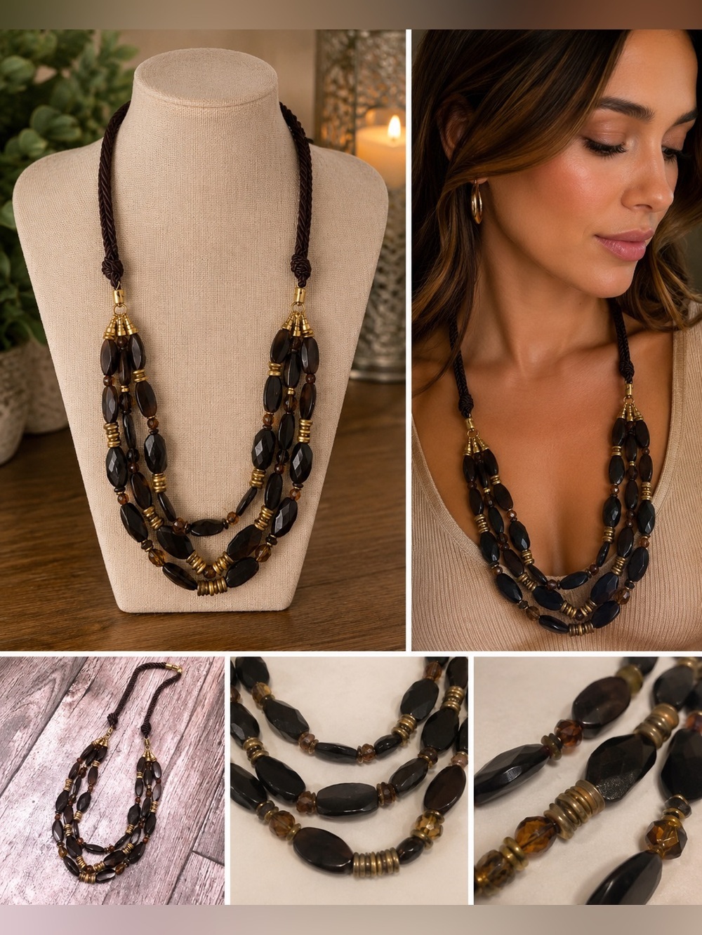 Earth Tone Multi Strand Beaded Rope Necklace Brown Amber Gold 38” Boho